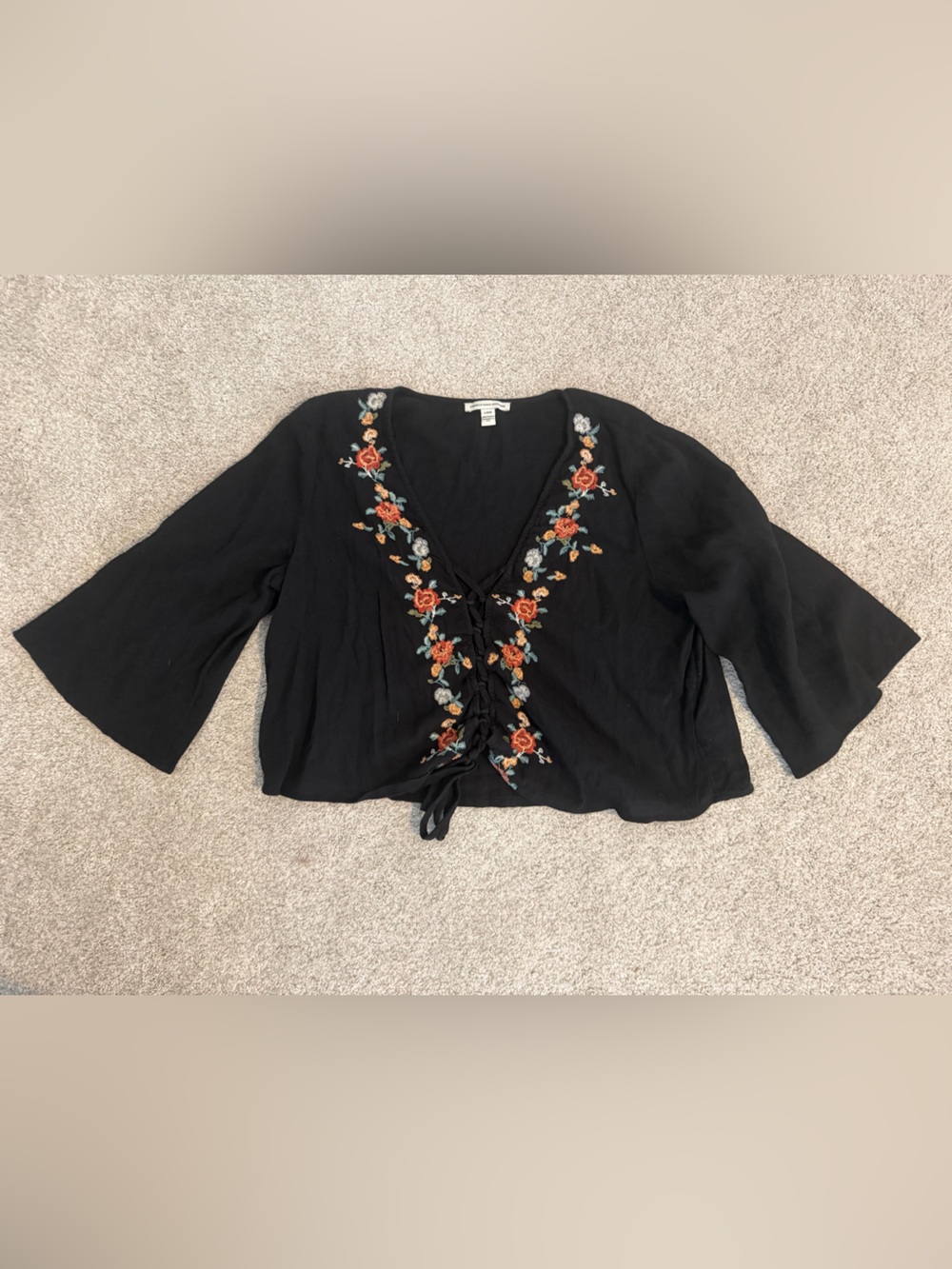 American Eagle Outfitters Black Embroidered Lace-Up Floral Top